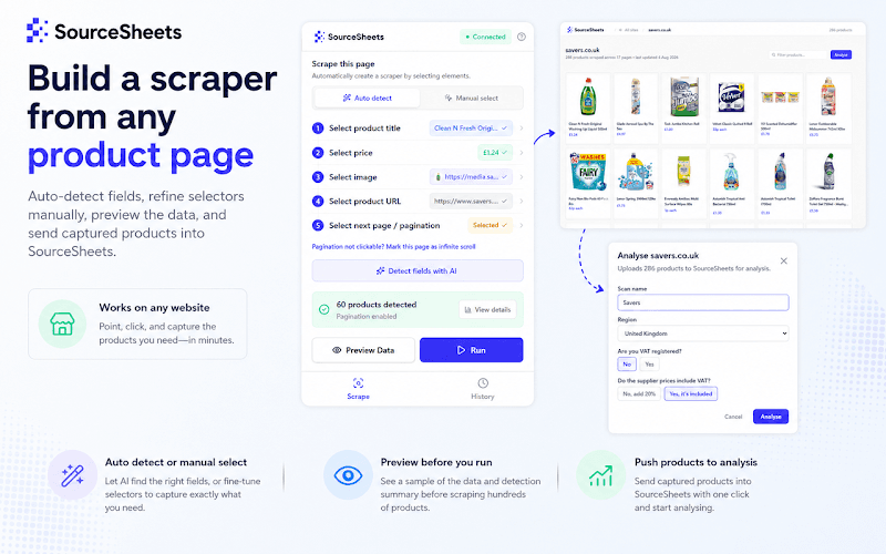 SourceSheets Lens scraping a retailer's product page